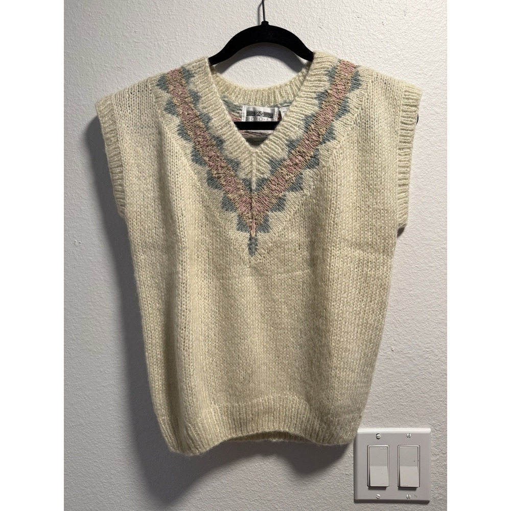 VTG Hand Knit Sweater Vest Cottagecore Cream Ivory V Neck Women's Size Small